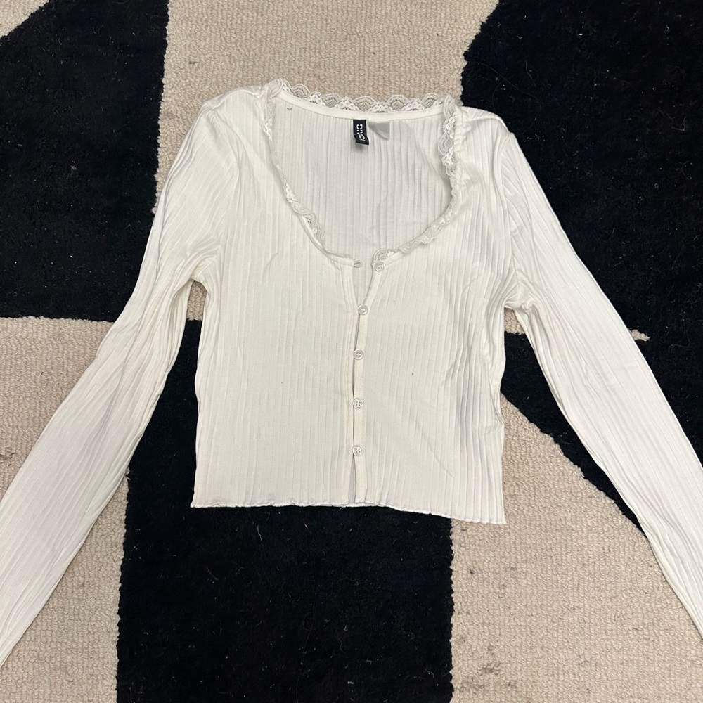 White Lace Trim Button-Up Top